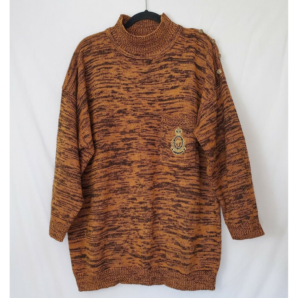 Vintage Forelli Mock Neck Sweater Pocket Orange Black Button Sleeve